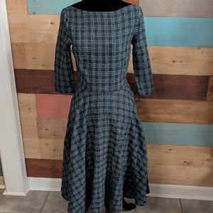 Unique Vintage Blue and Green Plaid Fit-and-Flare Long Sleeve Dress